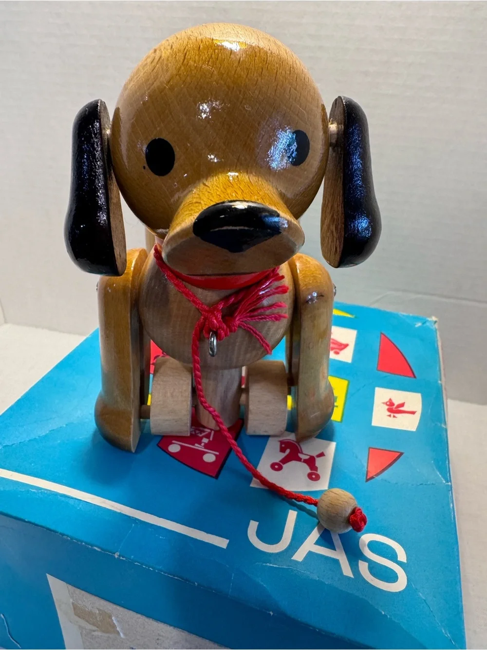 Vintage JAS Czechoslovakia Wooden Dachshund Pull Toy - 1970s Mid-Century Modern
